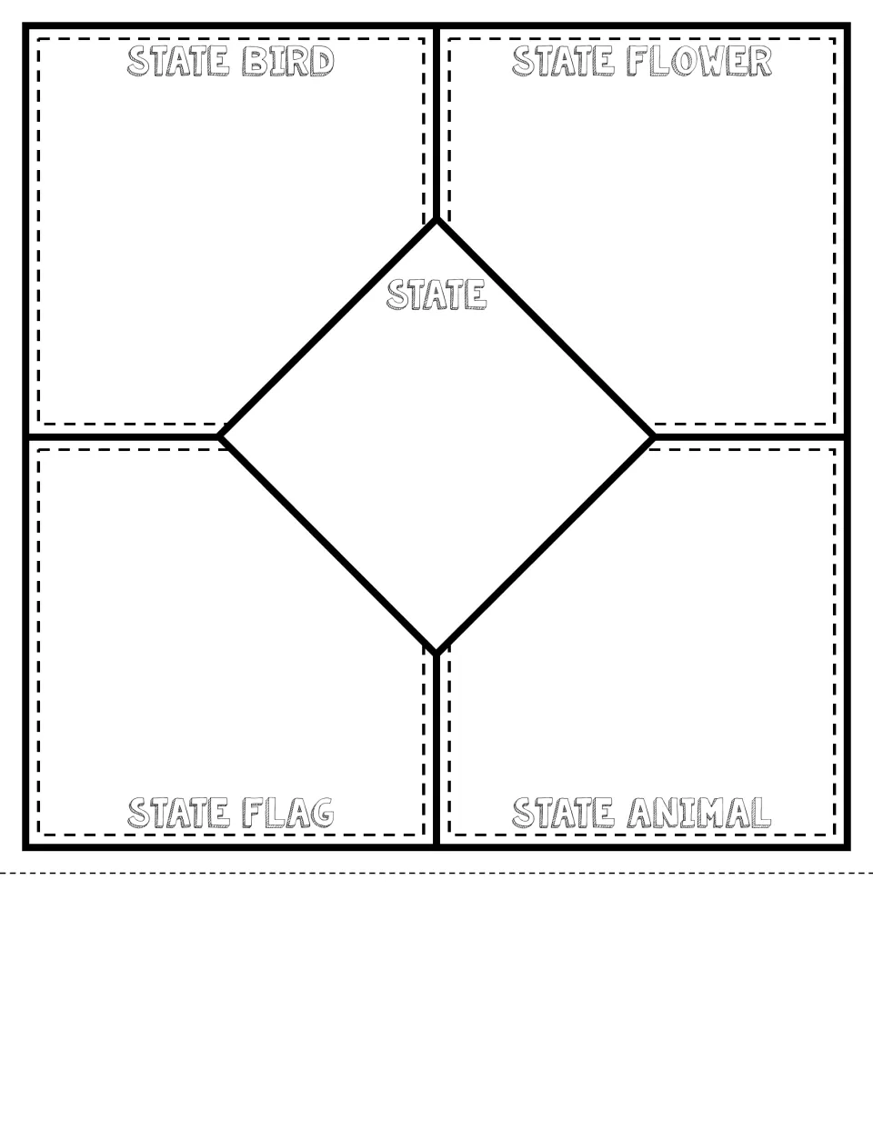 State symbols quilt square: students name a state in the center diamond and record its bird, flower, flag and animal