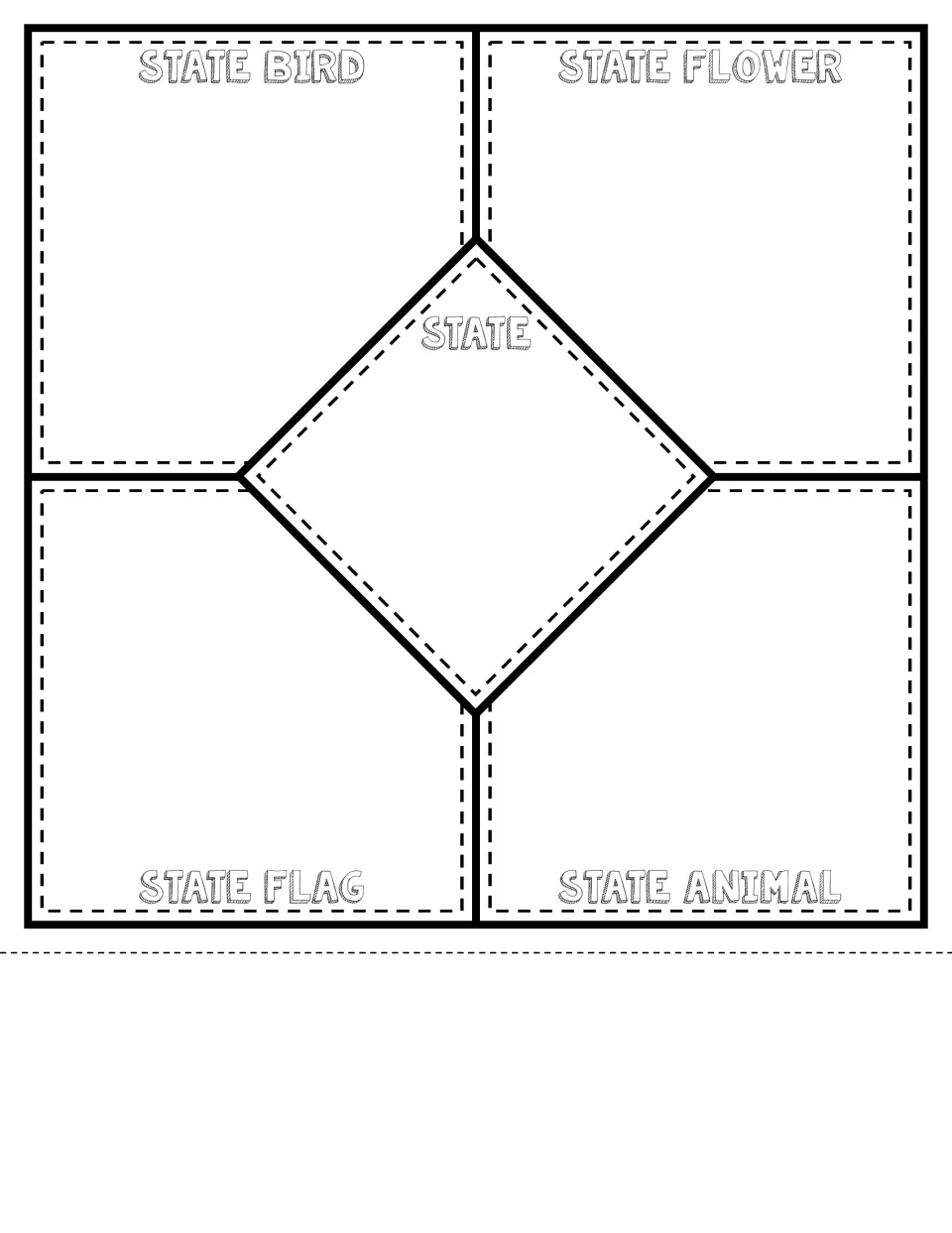 Diamond-center state symbols quilt square with an inner cut guide, for the state name plus bird, flower, flag and animal
