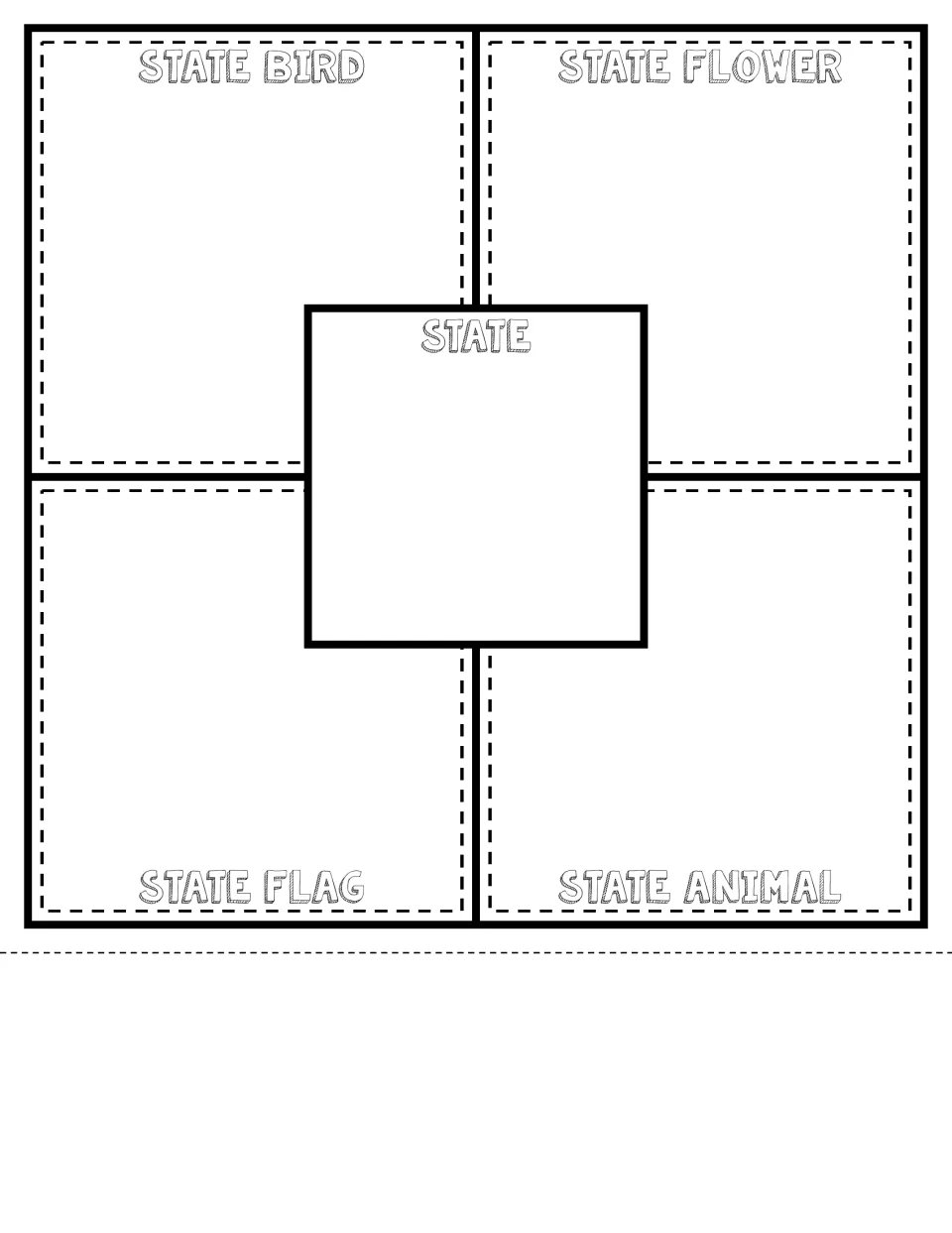 State symbols quilt square with a small center square for the state name, ringed by bird, flower, flag and animal sections