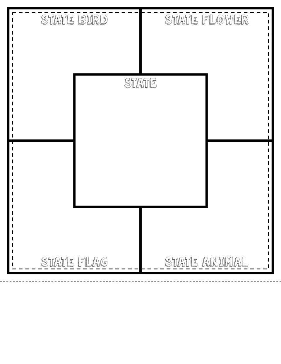 State symbols quilt square with a large center State space overlapping the bird, flower, flag and animal research areas