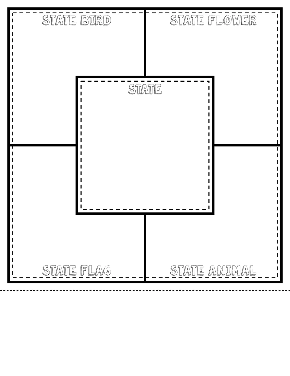 State symbols quilt square with a large dashed-edge State center and spaces to draw the state bird, flower, flag and animal
