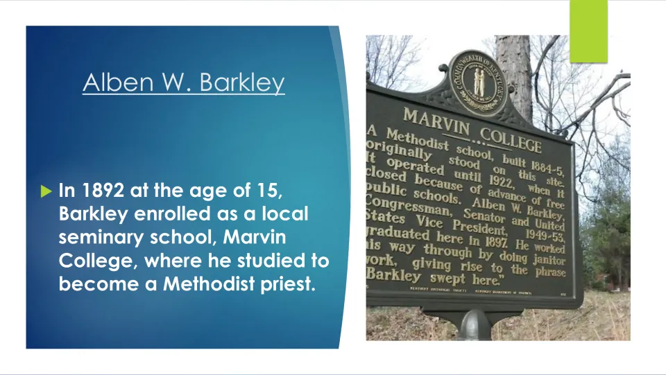 Education slide stating that Barkley enrolled at Marvin College in 1892 at age 15 to study for the ministry.