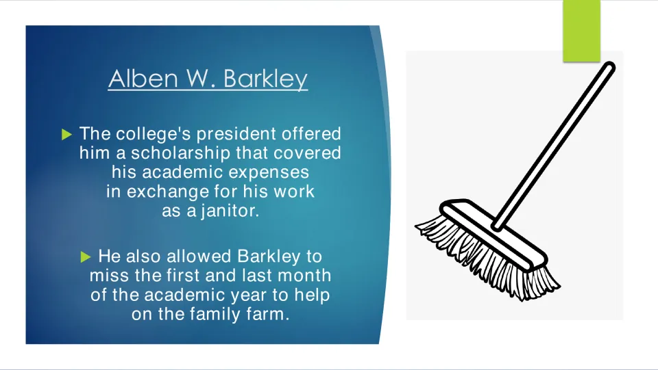 Education slide explaining Barkley's scholarship for janitorial work and time away to help on the family farm.