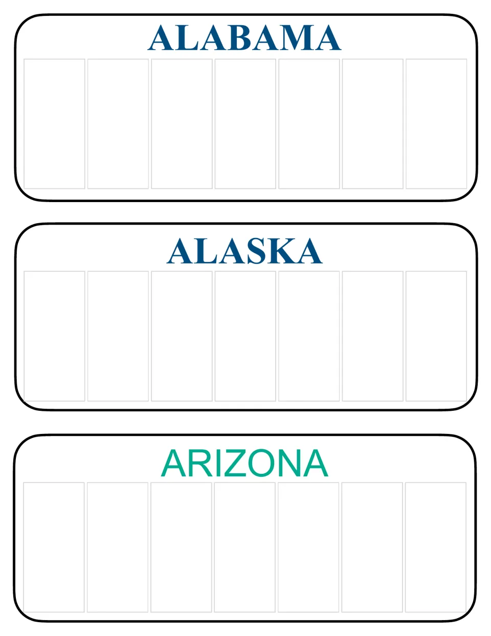 Alabama, Alaska and Arizona plate templates, each with seven blank character spaces for students to design their own tag