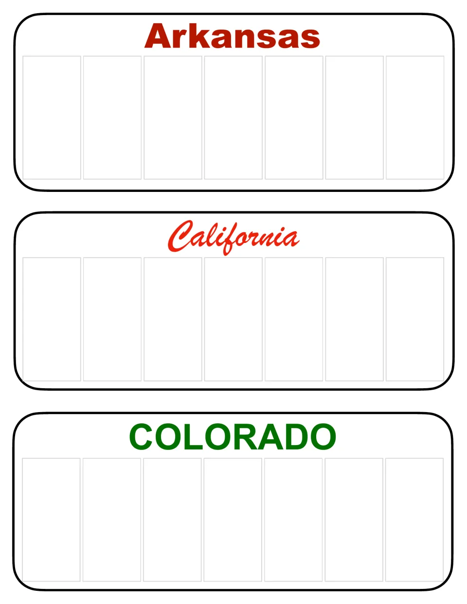 Arkansas, California and Colorado plates: state names in their plate lettering above seven empty spaces for letters