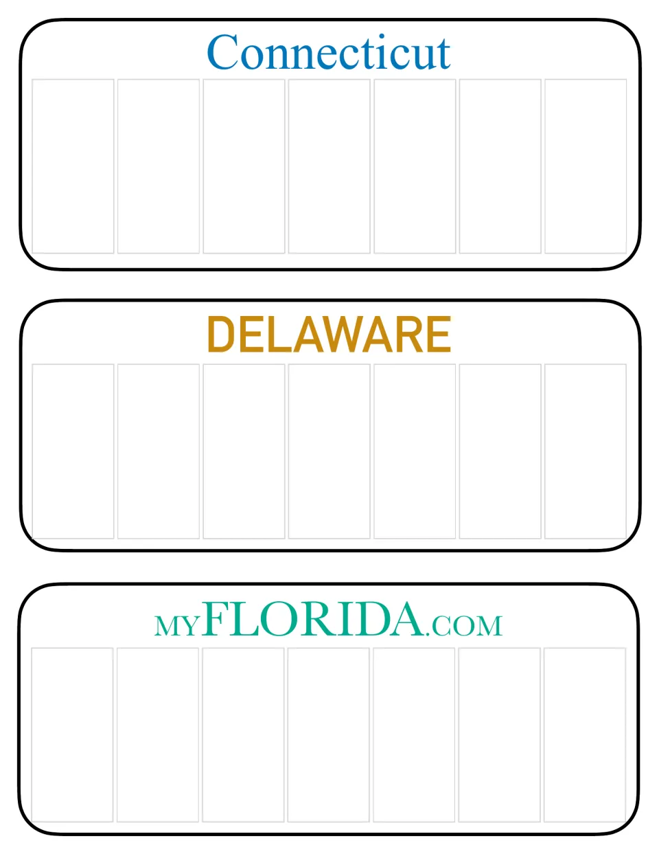 Connecticut, Delaware and myFLORIDA.com plate outlines where students write a custom seven-character plate for each