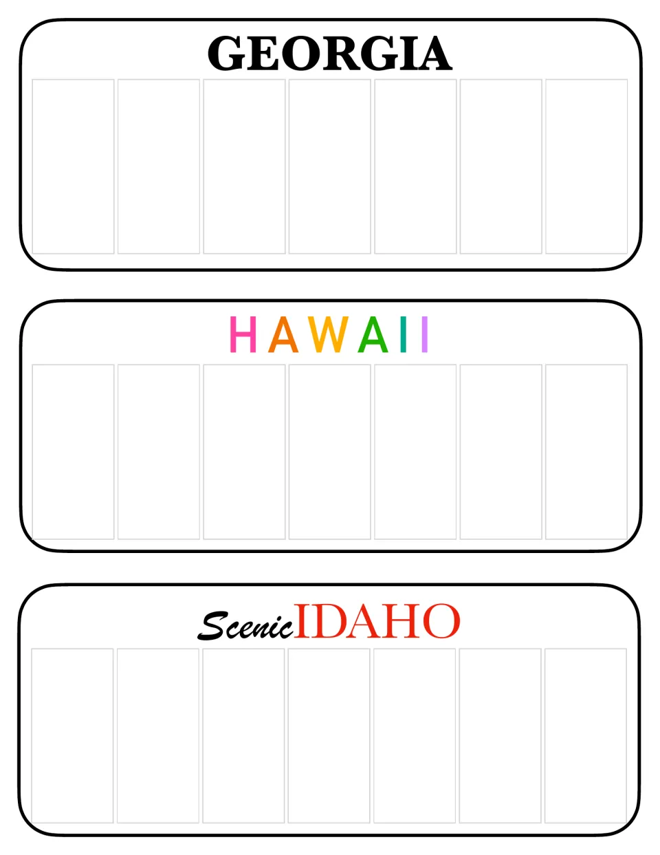 Georgia, Hawaii in rainbow letters and Scenic Idaho: blank vehicle tags ready for students to add their own characters