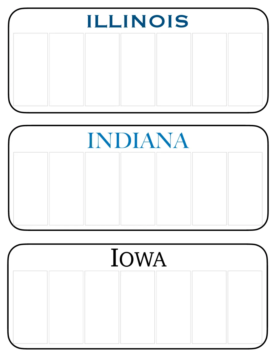 Illinois, Indiana and Iowa plate designs with empty character slots so learners can create a personalized tag