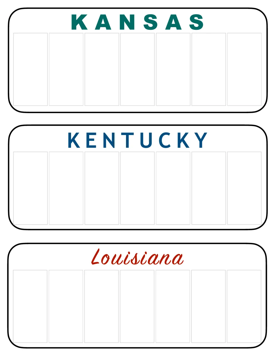 Kansas, Kentucky and Louisiana in state-style lettering: learners fill seven open spaces to make a vanity plate