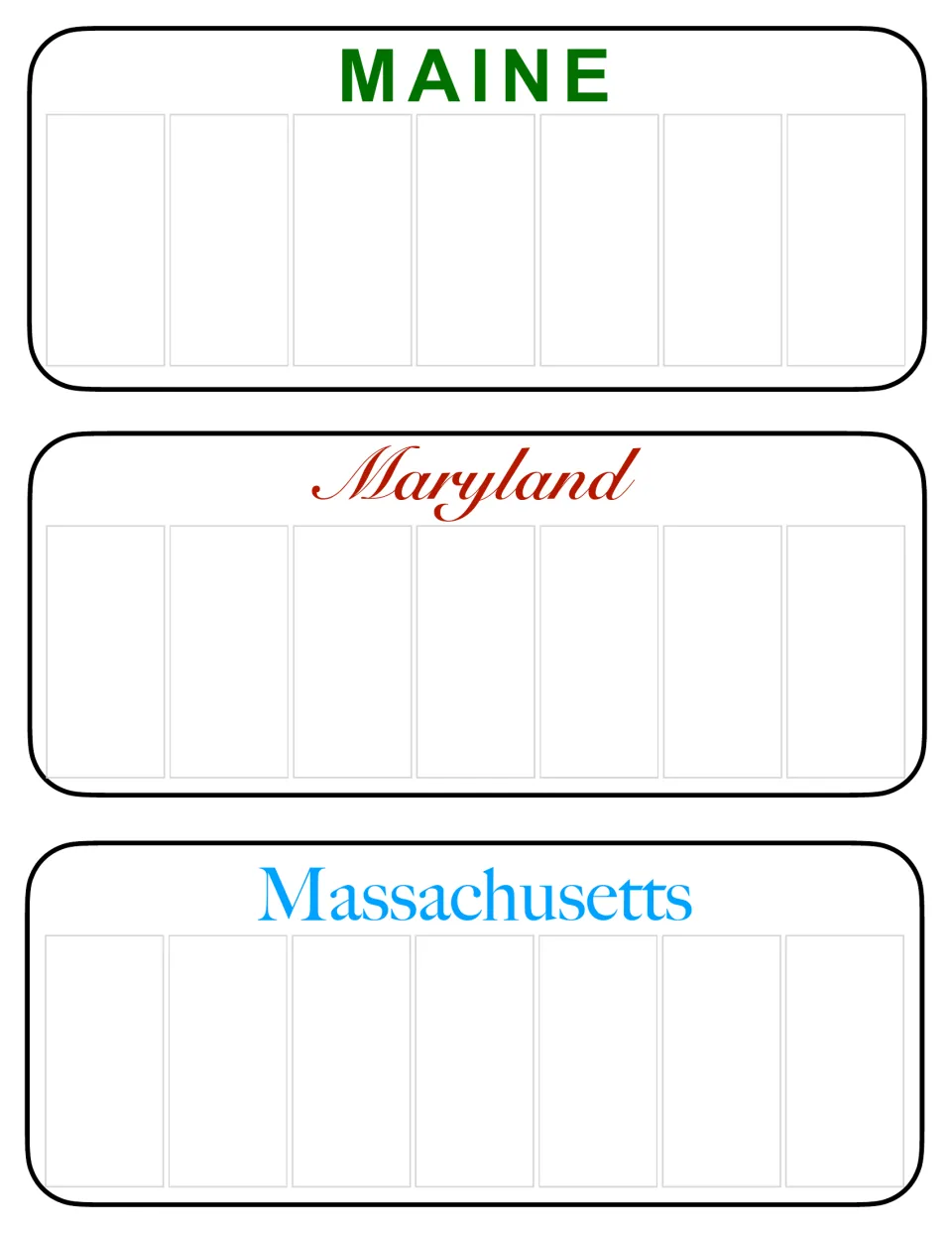 Maine, Maryland in script and Massachusetts: three blank state tags for students to letter with a custom message