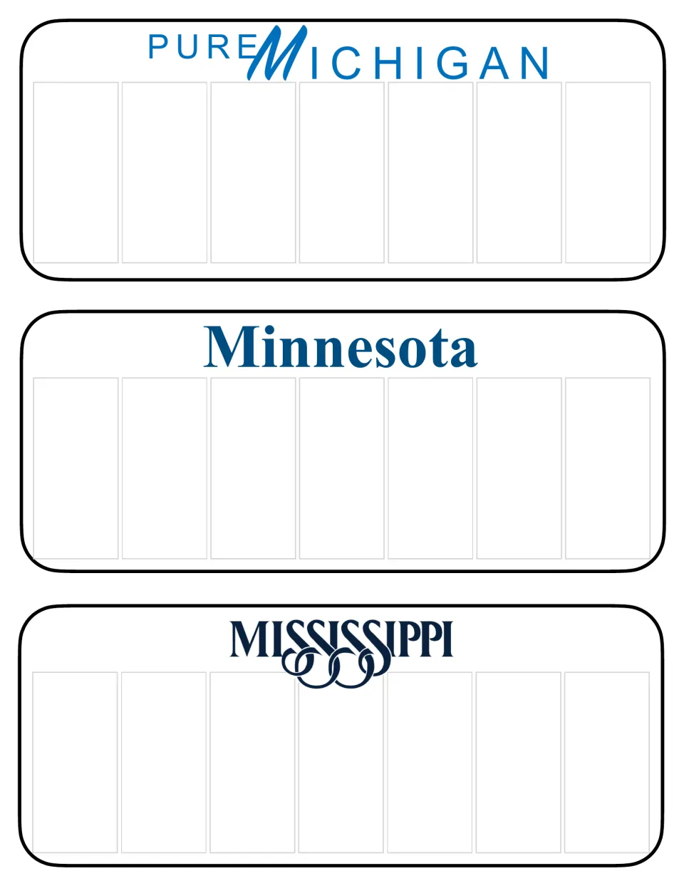 Pure Michigan, Minnesota and Mississippi plate templates, each leaving seven spaces for a student-made plate code