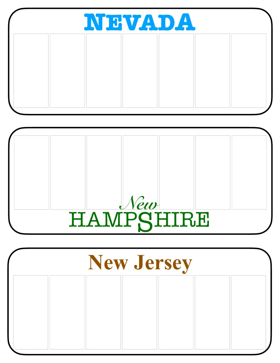 Nevada, New Hampshire with its name at the bottom, and New Jersey: blank tags for students to write a plate message