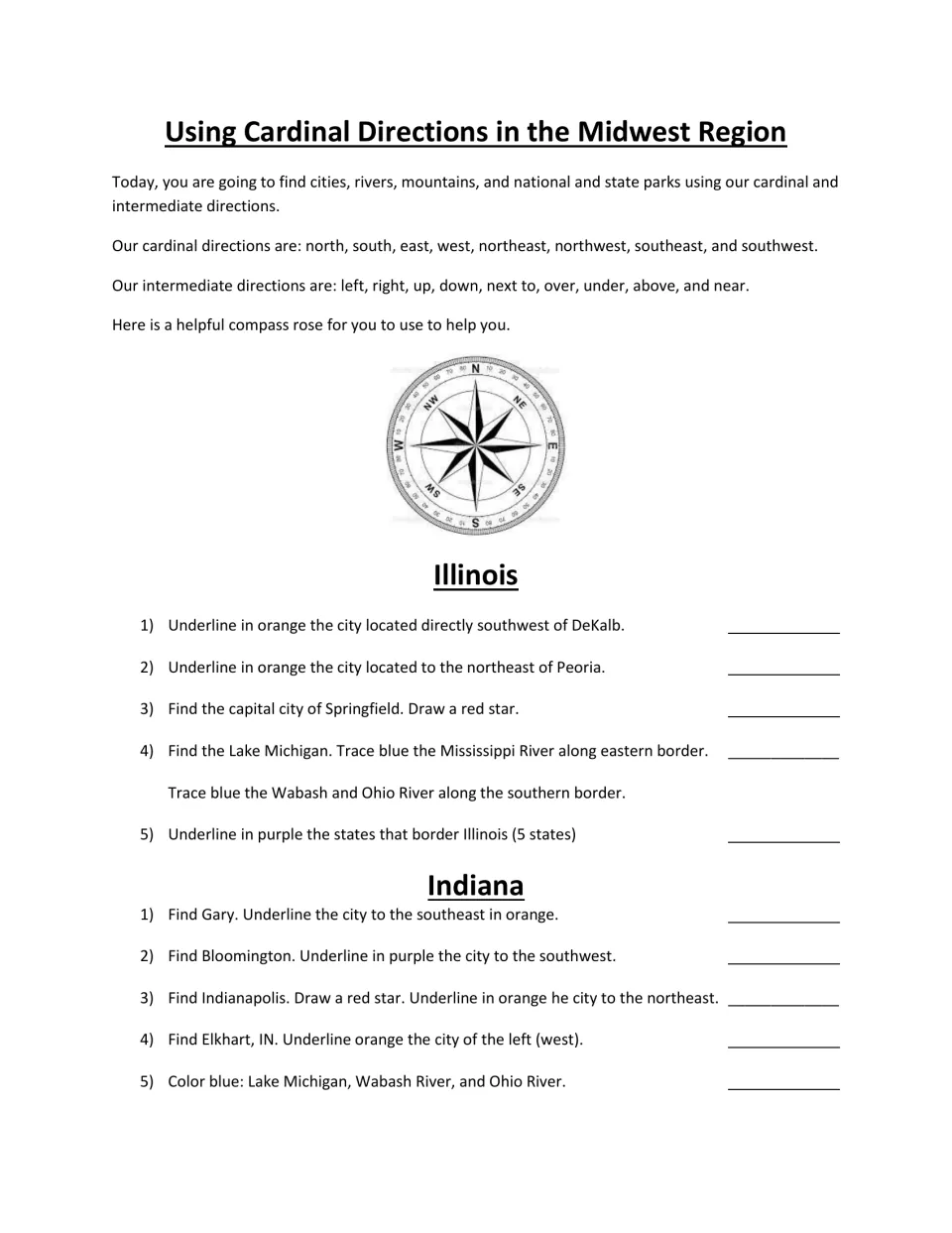 Cardinal directions in the Midwest: with a compass rose, students find and mark cities and rivers in Illinois and Indiana