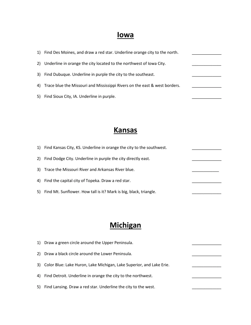 Iowa, Kansas and Michigan map hunt: students find capitals, color lakes, trace rivers and underline cities by direction
