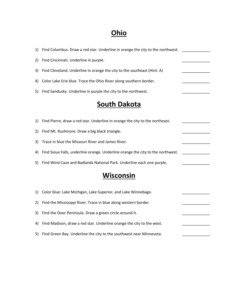 Ohio, South Dakota and Wisconsin scavenger hunt: locate Columbus, Mt. Rushmore and Door Peninsula and color lakes blue