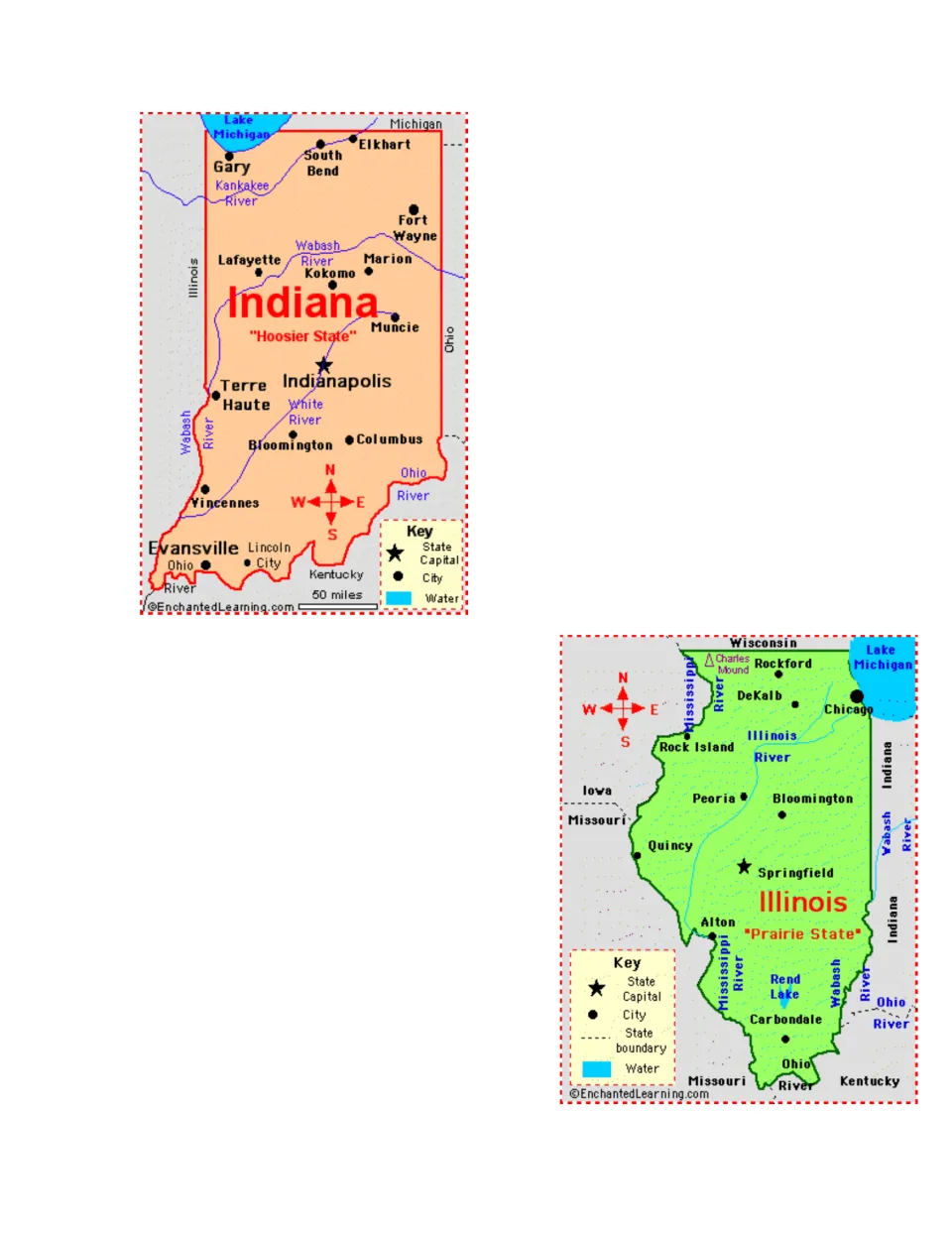 Indiana and Illinois state maps showing capitals, major cities, rivers, Lake Michigan, a compass and a key for the hunt