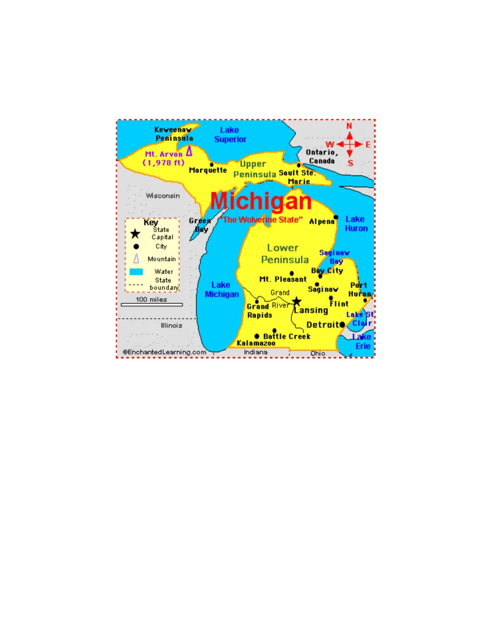 Michigan state map showing Upper and Lower Peninsulas, Lansing, Detroit, four Great Lakes and Mt. Arvon at 1,978 ft
