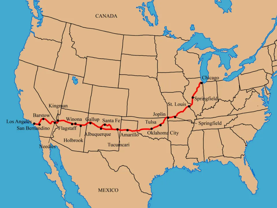 Color Route 66 map tracing the road from Chicago to Los Angeles through St. Louis, Tulsa, and Santa Fe.