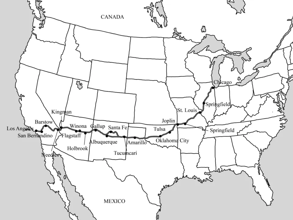 Black-and-white Route 66 map showing the same Chicago-to-Los Angeles route and labeled cities along it.