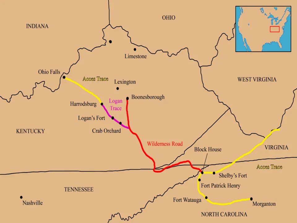 Color map of the Wilderness Road from Block House to Boonesborough, with Logan Trace and access routes.