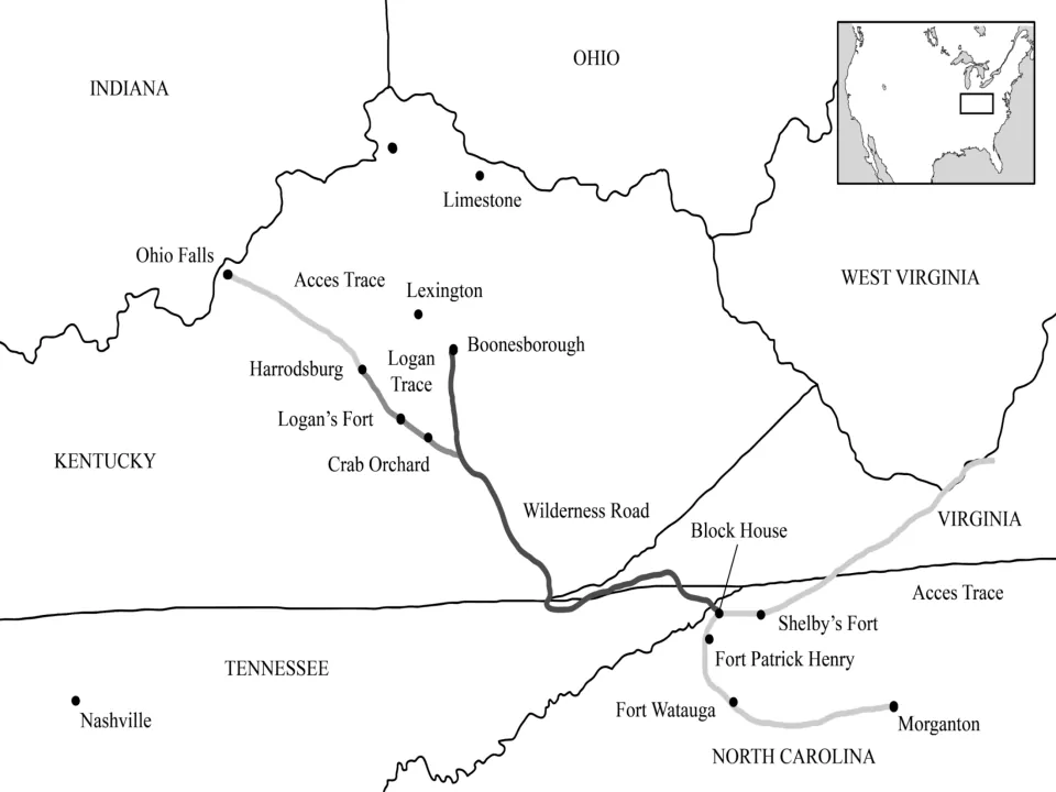 Black-and-white version of the Wilderness Road map, labeling Logan’s Fort, Crab Orchard, and Ohio Falls.