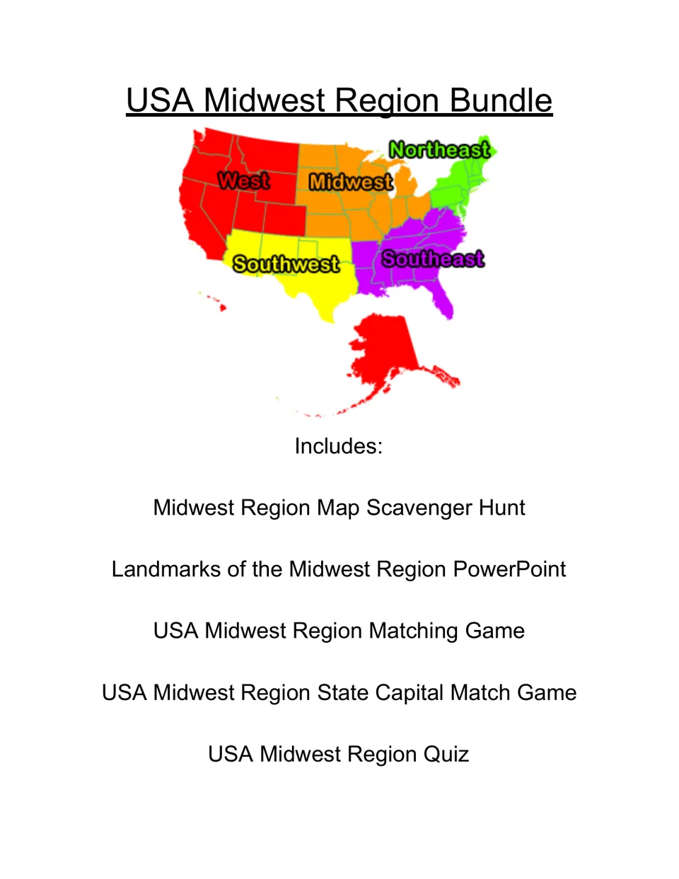 Midwest section cover lists a map scavenger hunt, landmarks PowerPoint, matching games, and a regional quiz.
