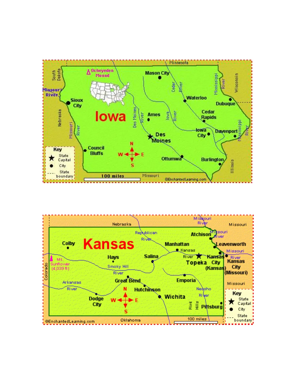Iowa and Kansas reference maps for the Midwest scavenger hunt label Des Moines, Topeka, rivers, and Mount Sunflower.