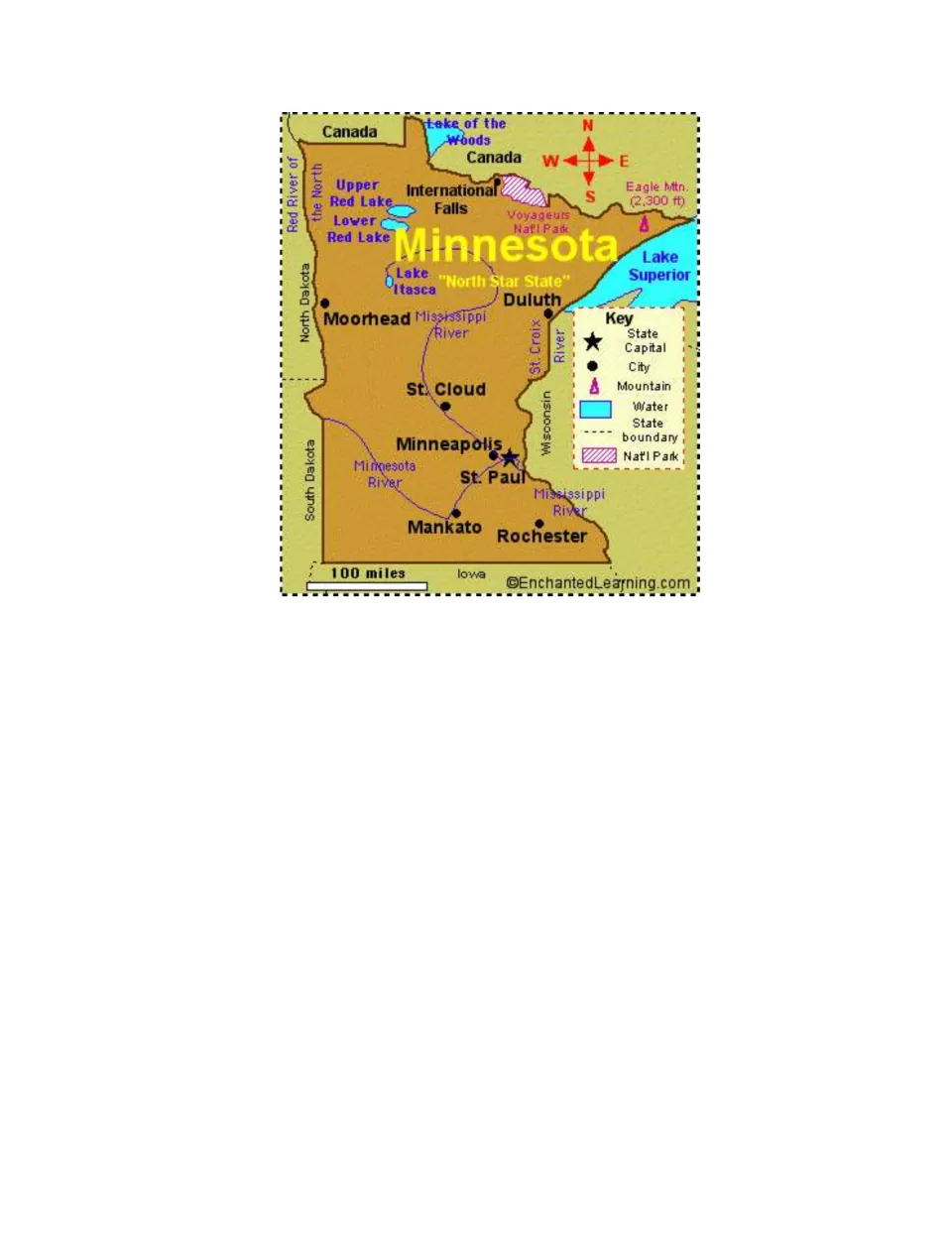 Minnesota reference map for the Midwest scavenger hunt labels St. Paul, Eagle Mountain, lakes, and Voyageurs park.