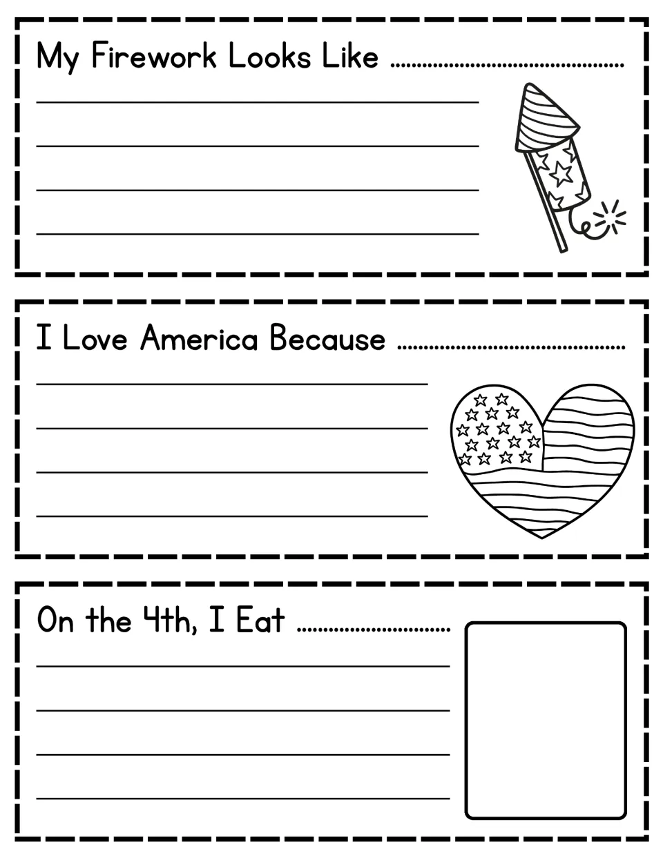 July 4th writing prompts: students finish My Firework Looks Like, I Love America Because and On the 4th, I Eat, then draw
