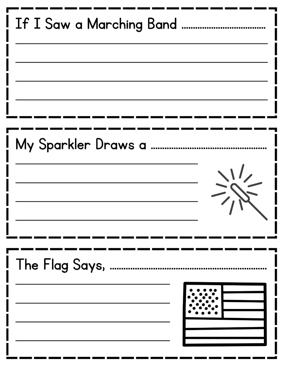 More July 4th prompts: students complete If I Saw a Marching Band, My Sparkler Draws a and The Flag Says
