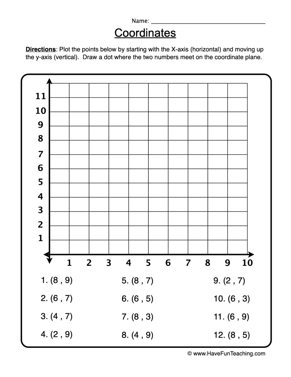 Coordinate plotting practice: 12 ordered pairs, including (8, 9), (6, 7), and (4, 7), to mark as dots.