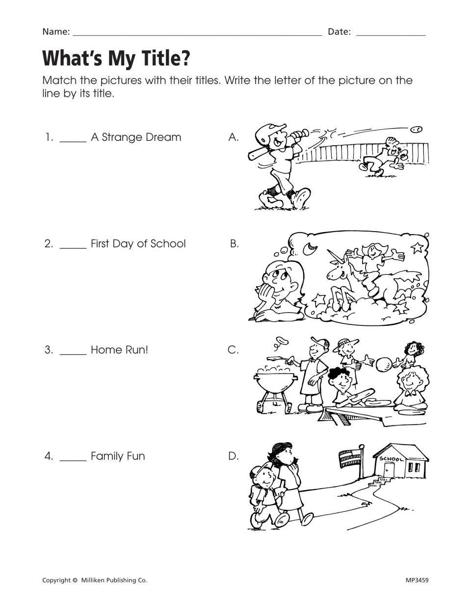 What's My Title?: students match four titles, like Home Run! and Family Fun, to pictures A to D by writing each letter