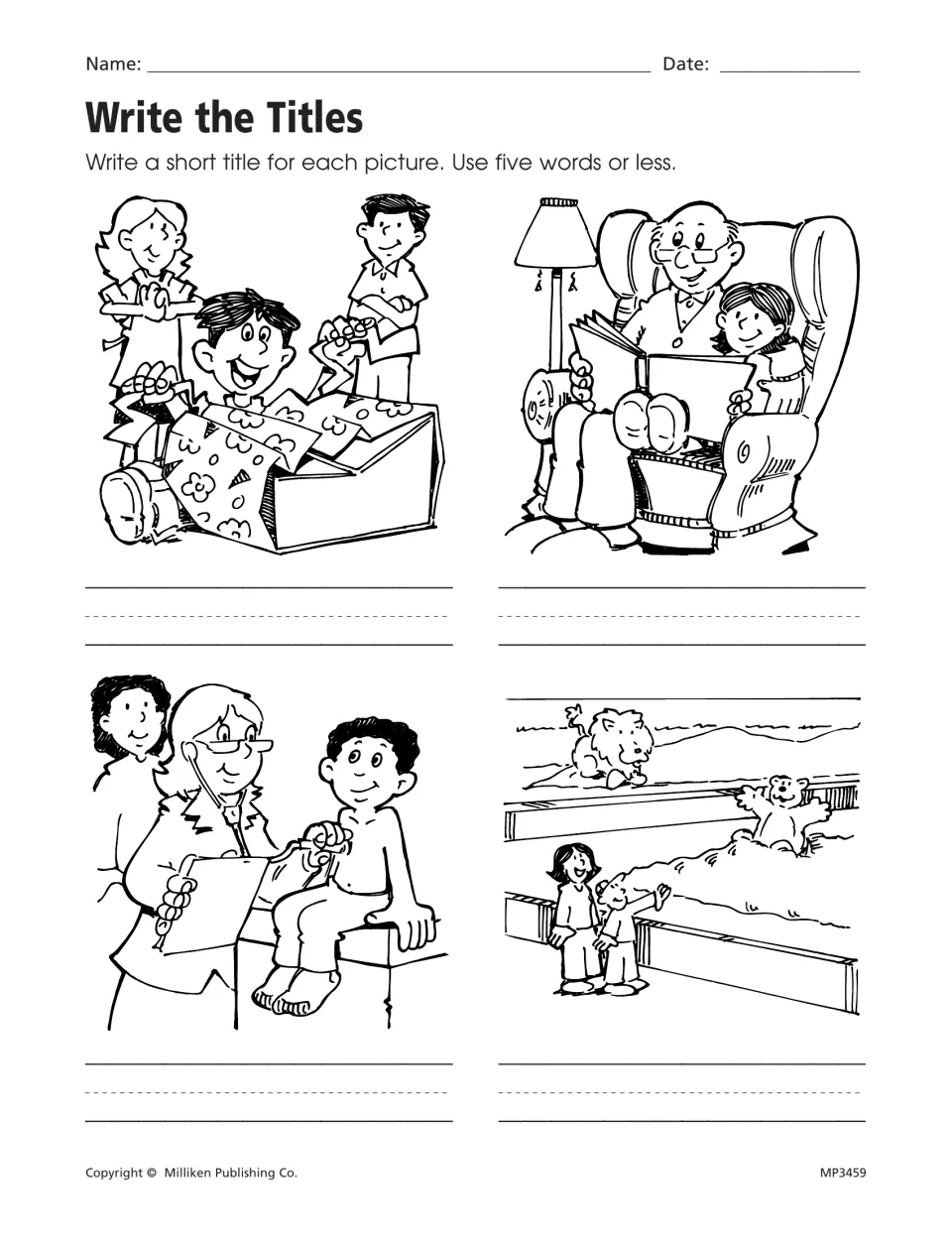 Write the Titles: students write a title of five words or less for four pictures, such as a gift opening and a zoo visit