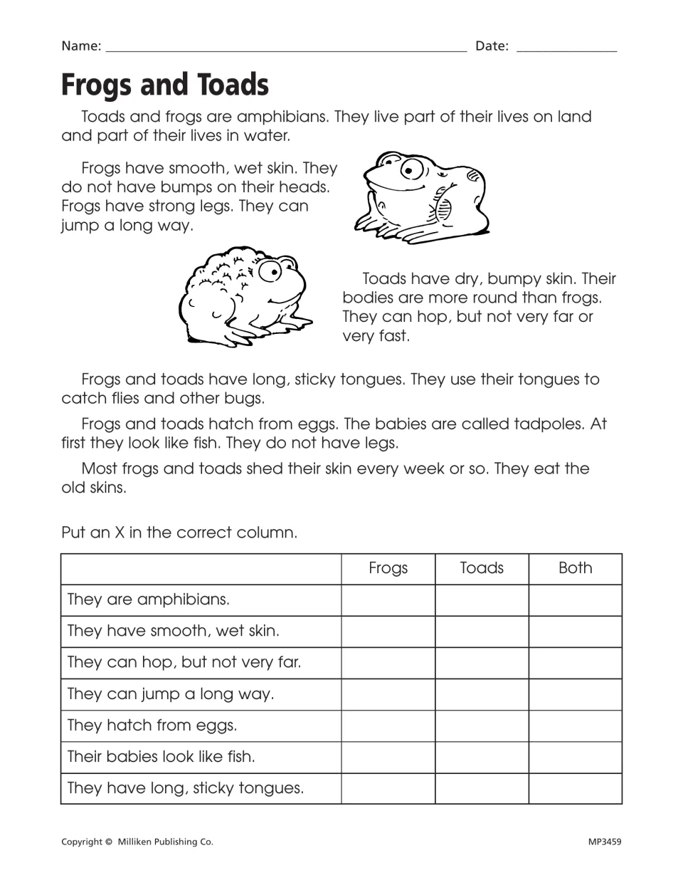 Frogs and Toads: students read a short text with drawings, then mark Frogs, Toads or Both for seven facts to compare them