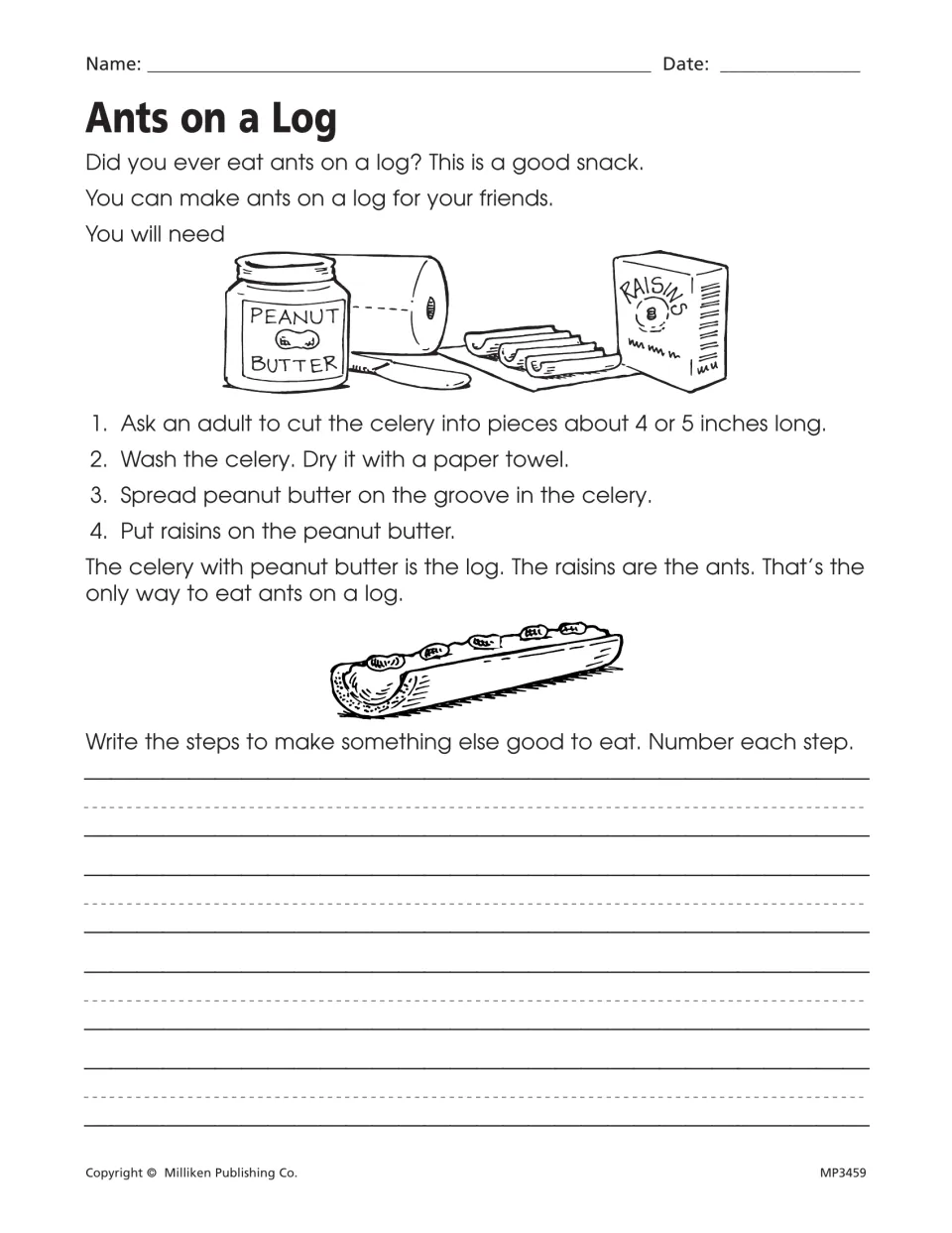 Ants on a Log: students read a four-step snack recipe with pictures, then write and number steps to make another snack
