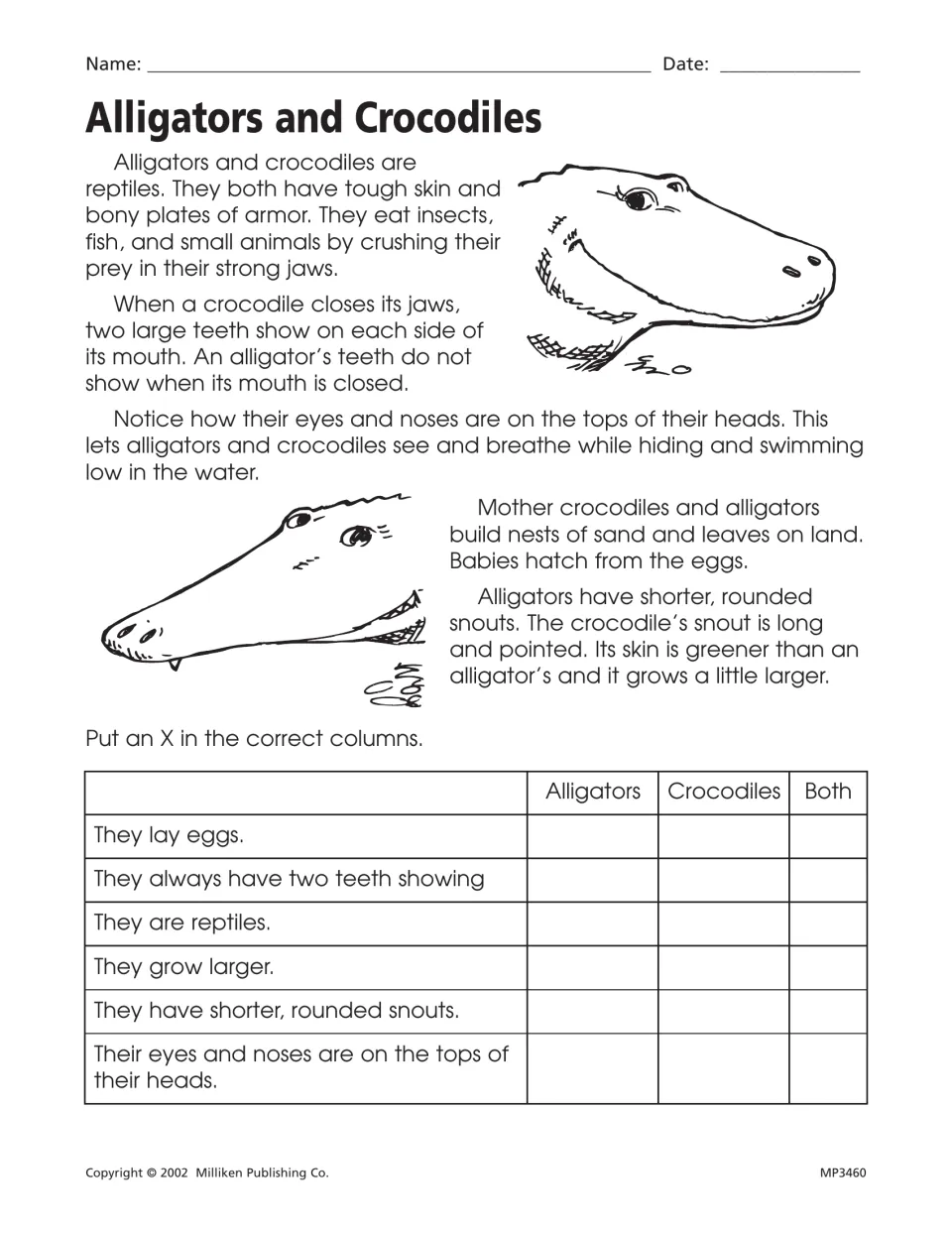 Alligators and Crocodiles: students read about both reptiles, then mark Alligators, Crocodiles or Both for six facts