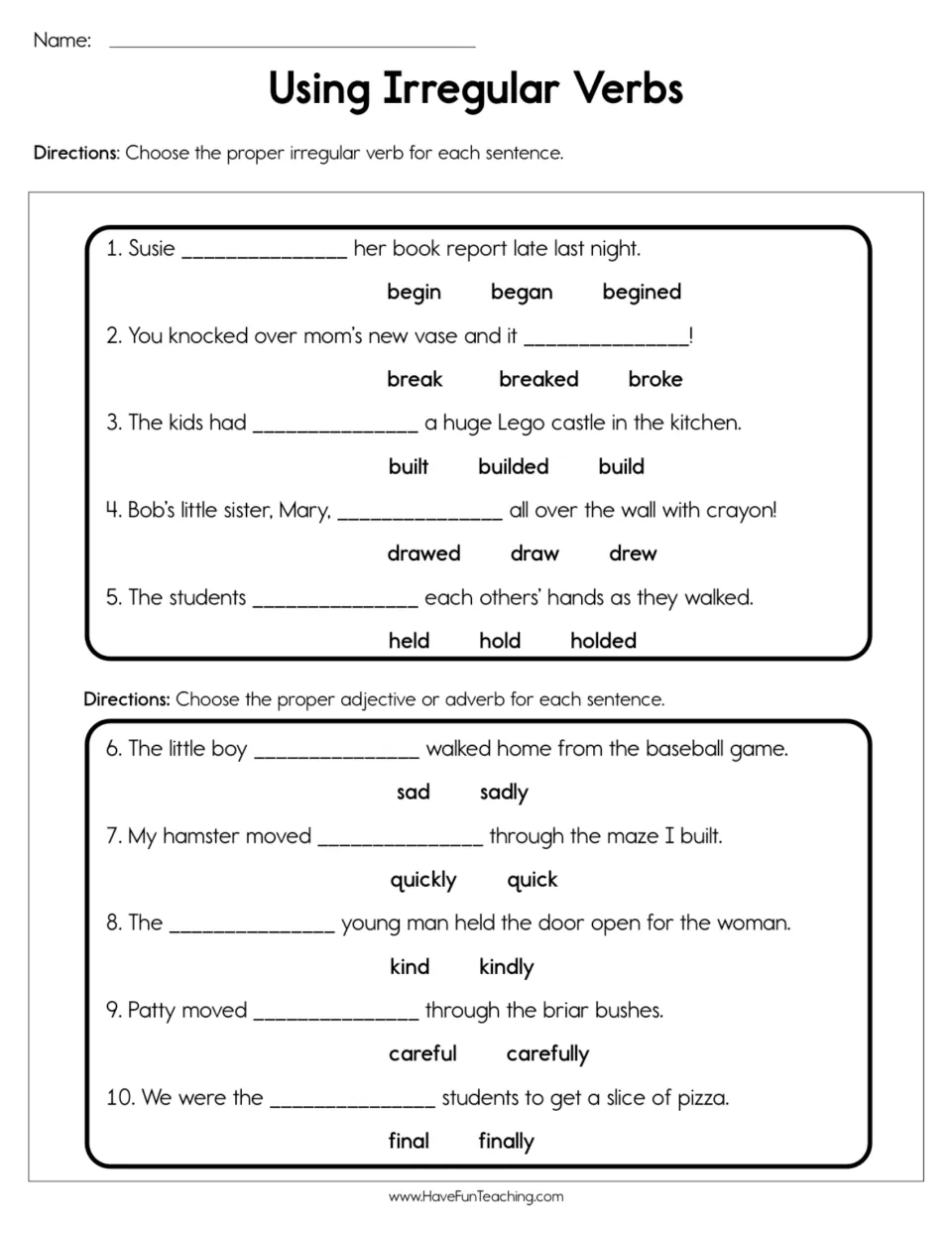 Grammar practice: five irregular verb sentences using began, broke, built, drew and held, plus five modifier items