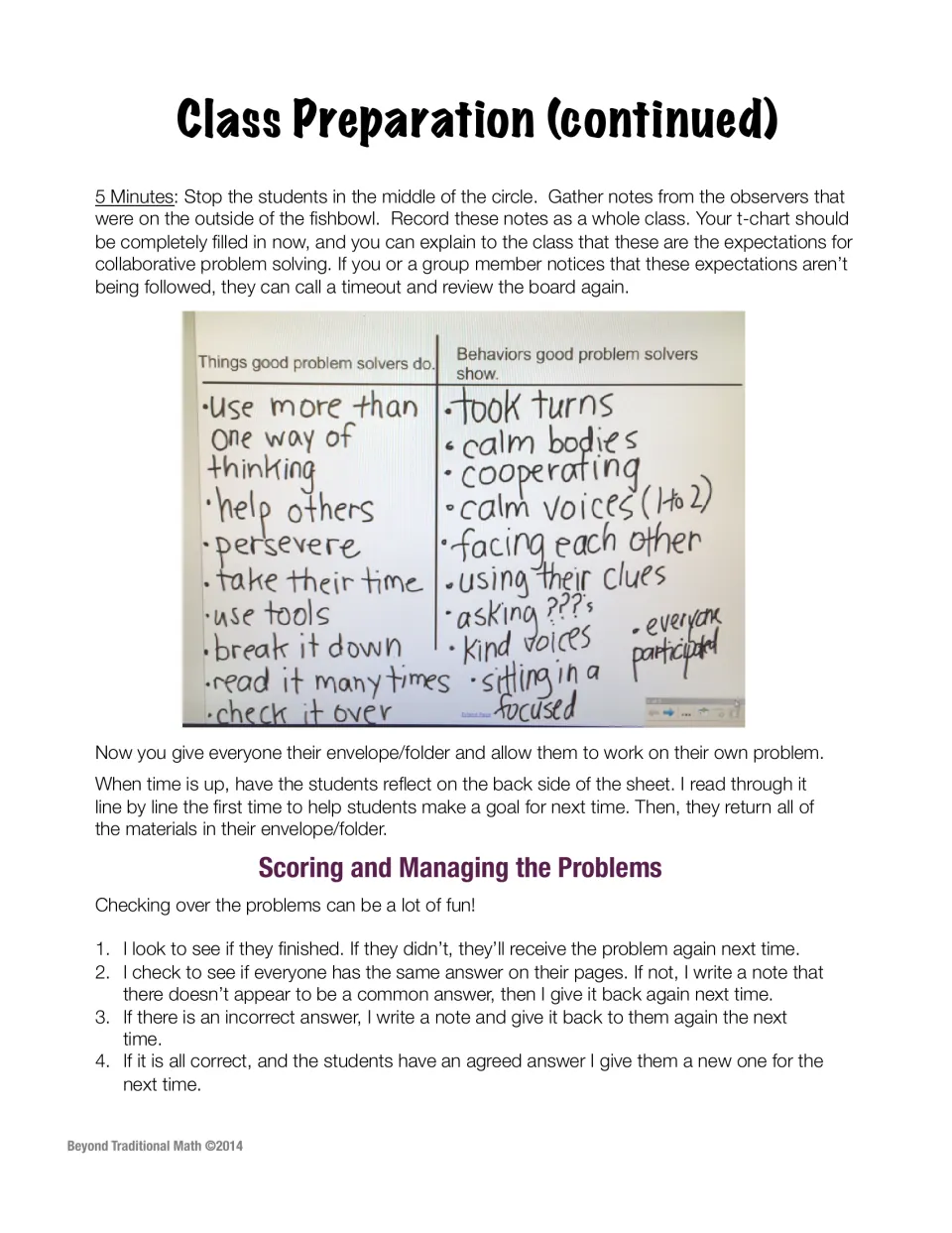 Completed class t-chart of problem-solver behaviors, then steps for scoring group answers and reassigning problems