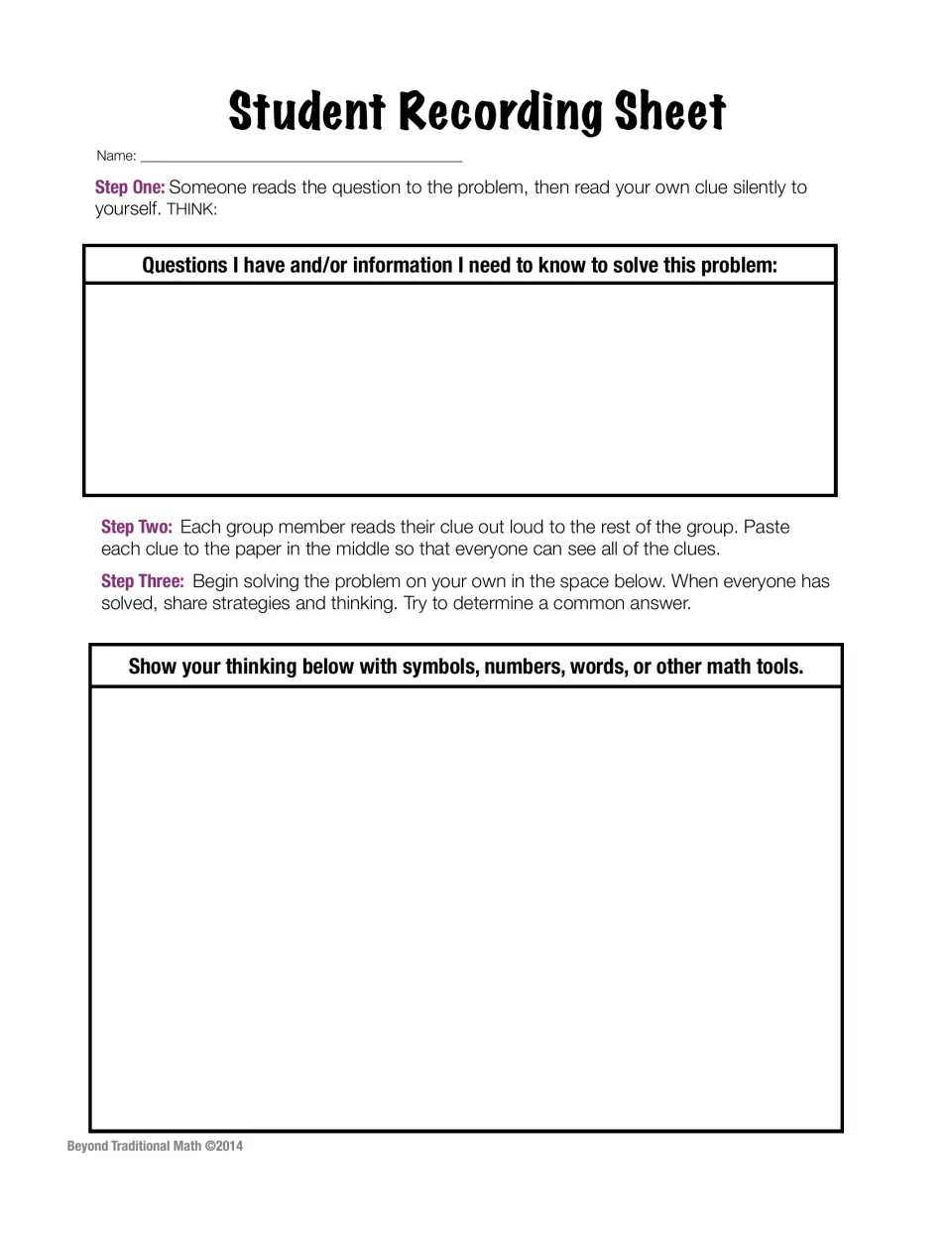 Student recording sheet: three steps to read clues, list questions and needed information, then show solving strategies