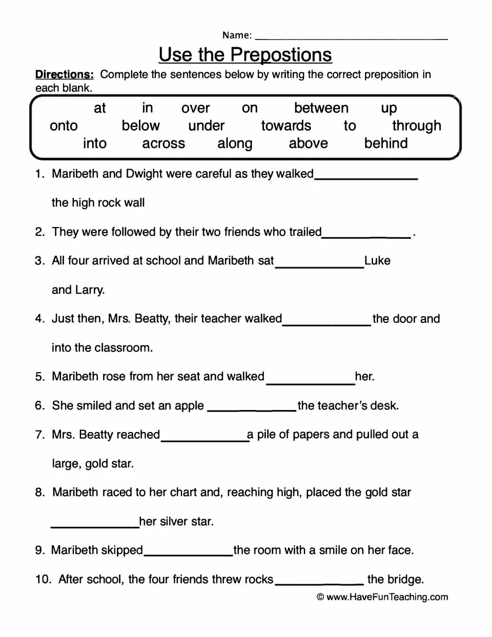 Prepositions practice: students fill each blank in 10 story sentences from a bank of 17 words like over, between, behind