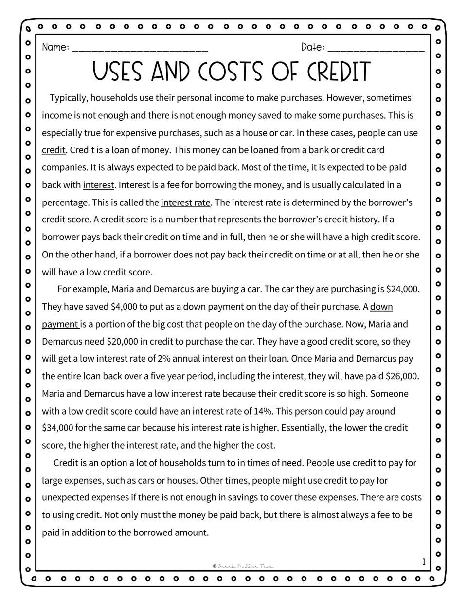 Credit reading passage defining interest, interest rate, credit score and down payment with a $24,000 car loan example