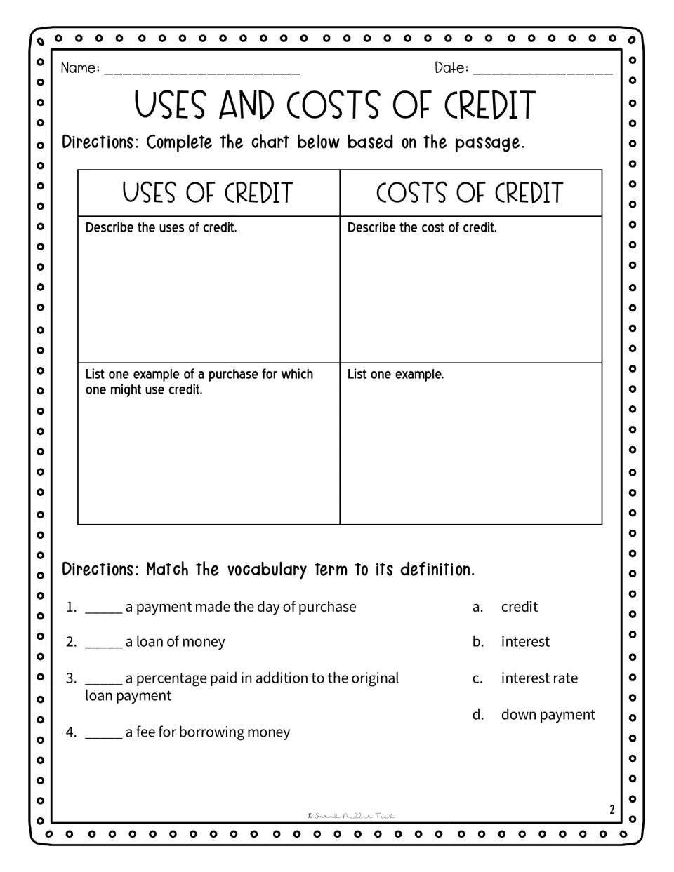 Credit comprehension: students complete a uses vs. costs chart with an example of each, then match four vocabulary terms