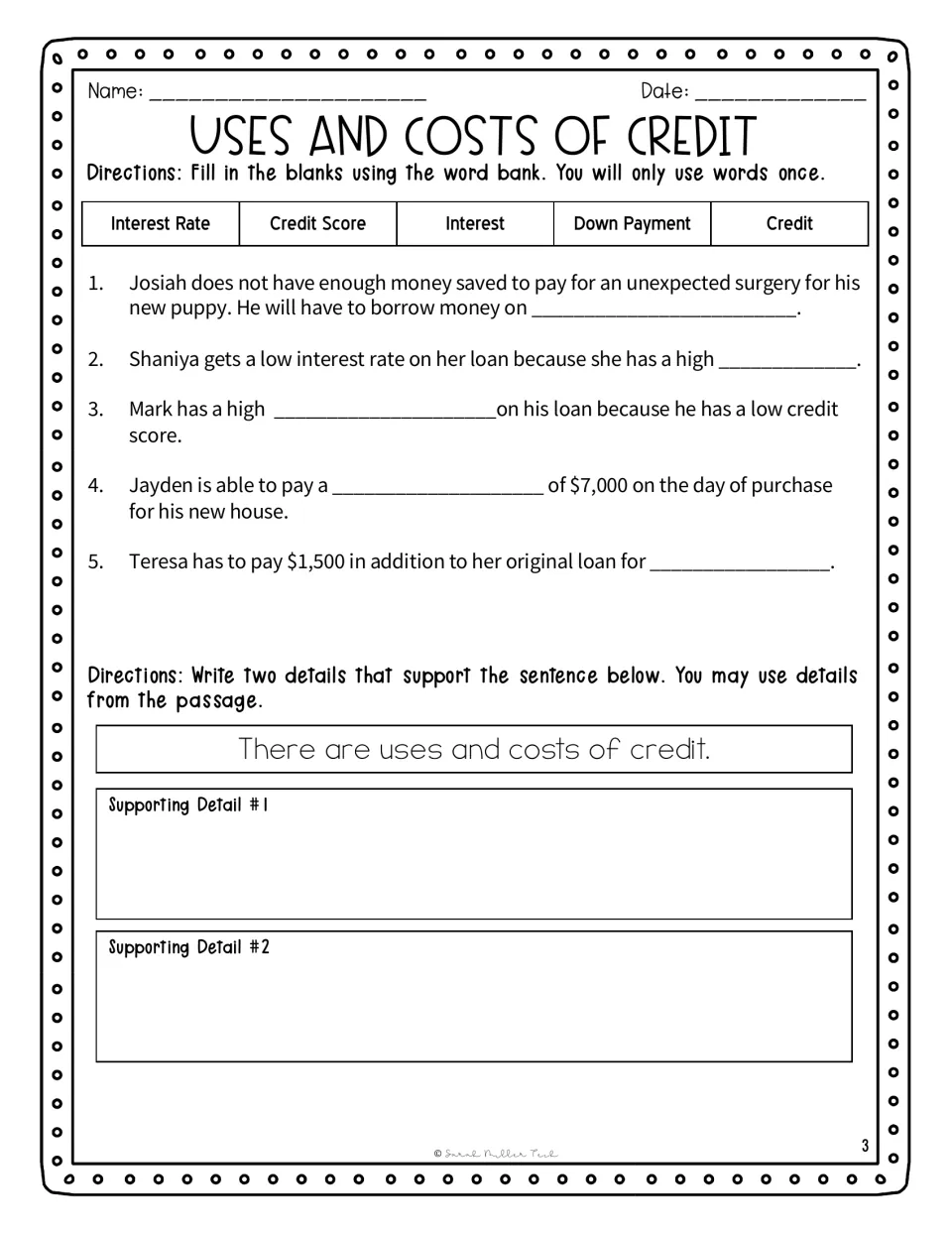 Credit vocabulary in context: students fill in five sentences from a word bank, then write two supporting details