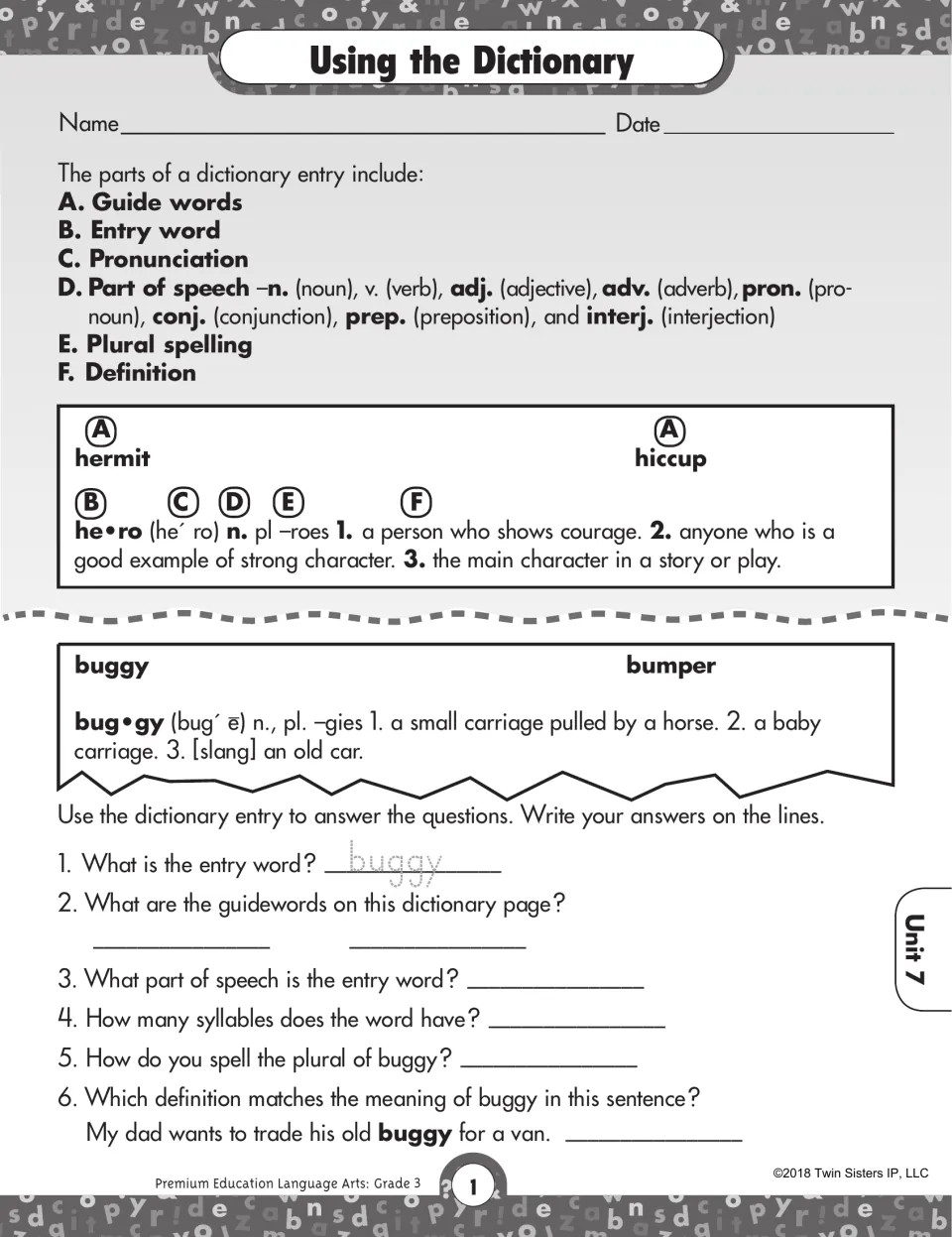 Dictionary skills worksheet labeling parts of the entry for hero, followed by six questions about buggy