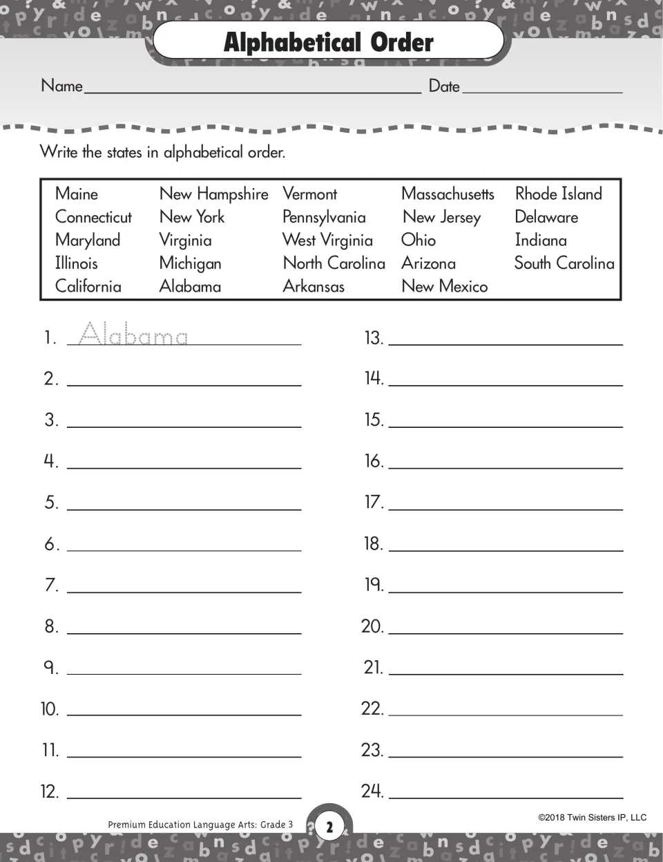 Alphabetical order worksheet asking students to sort 24 state names, with Alabama given as the first answer
