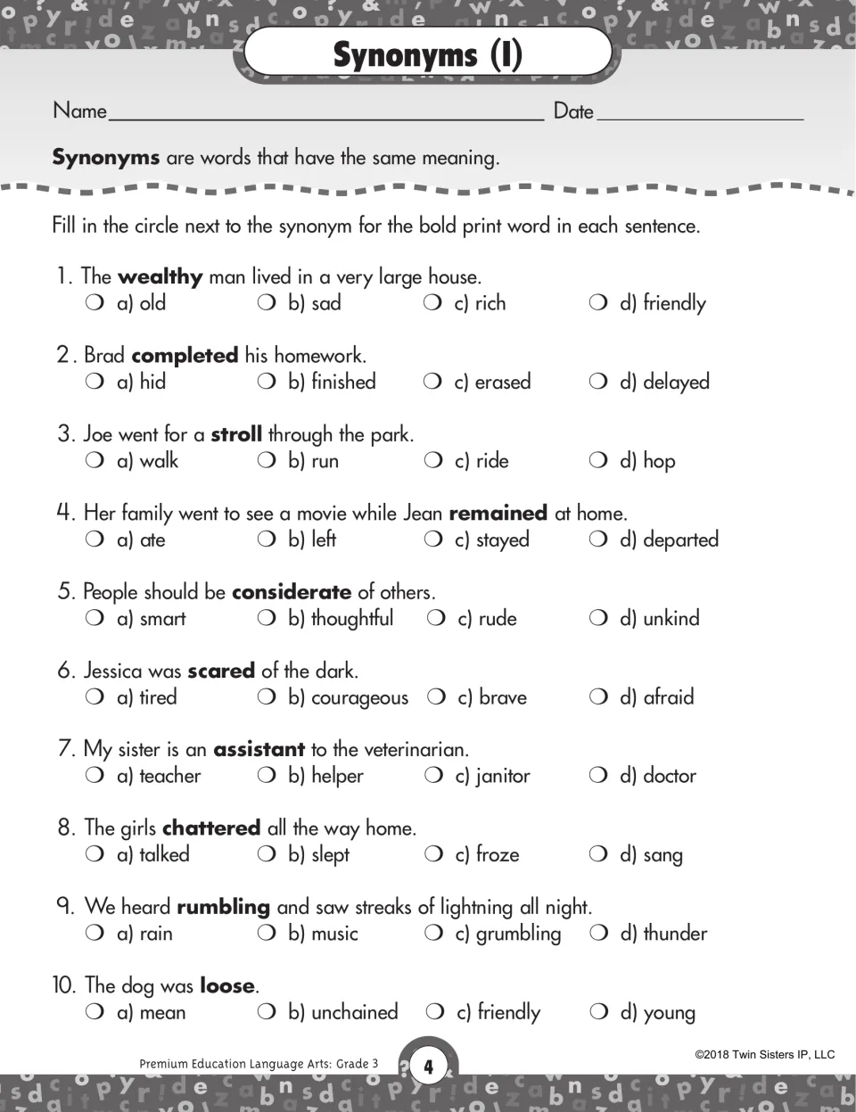 First synonyms worksheet with 10 multiple-choice sentences using wealthy, completed, stroll, and more