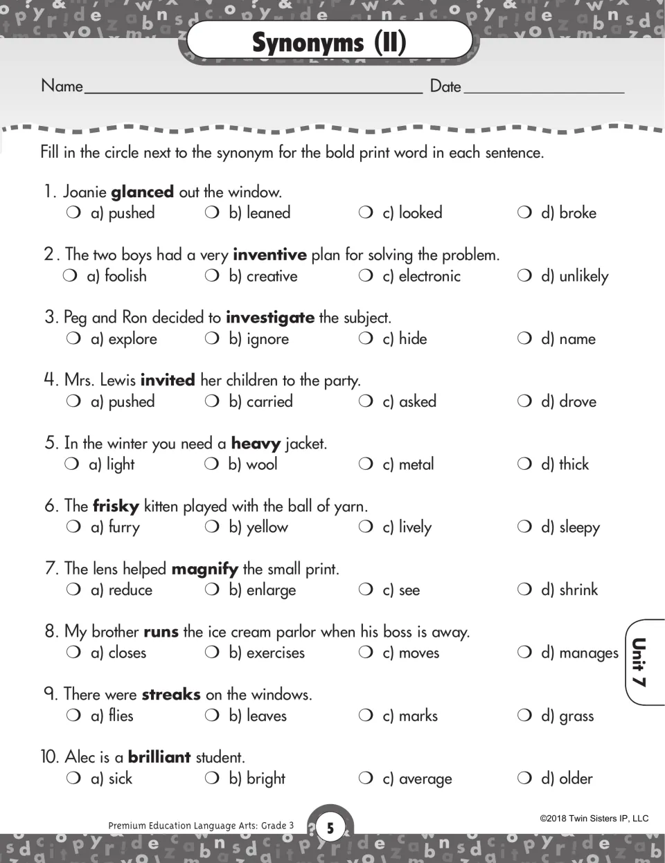 Second synonyms worksheet with 10 multiple-choice sentences using glanced, inventive, investigate, and more