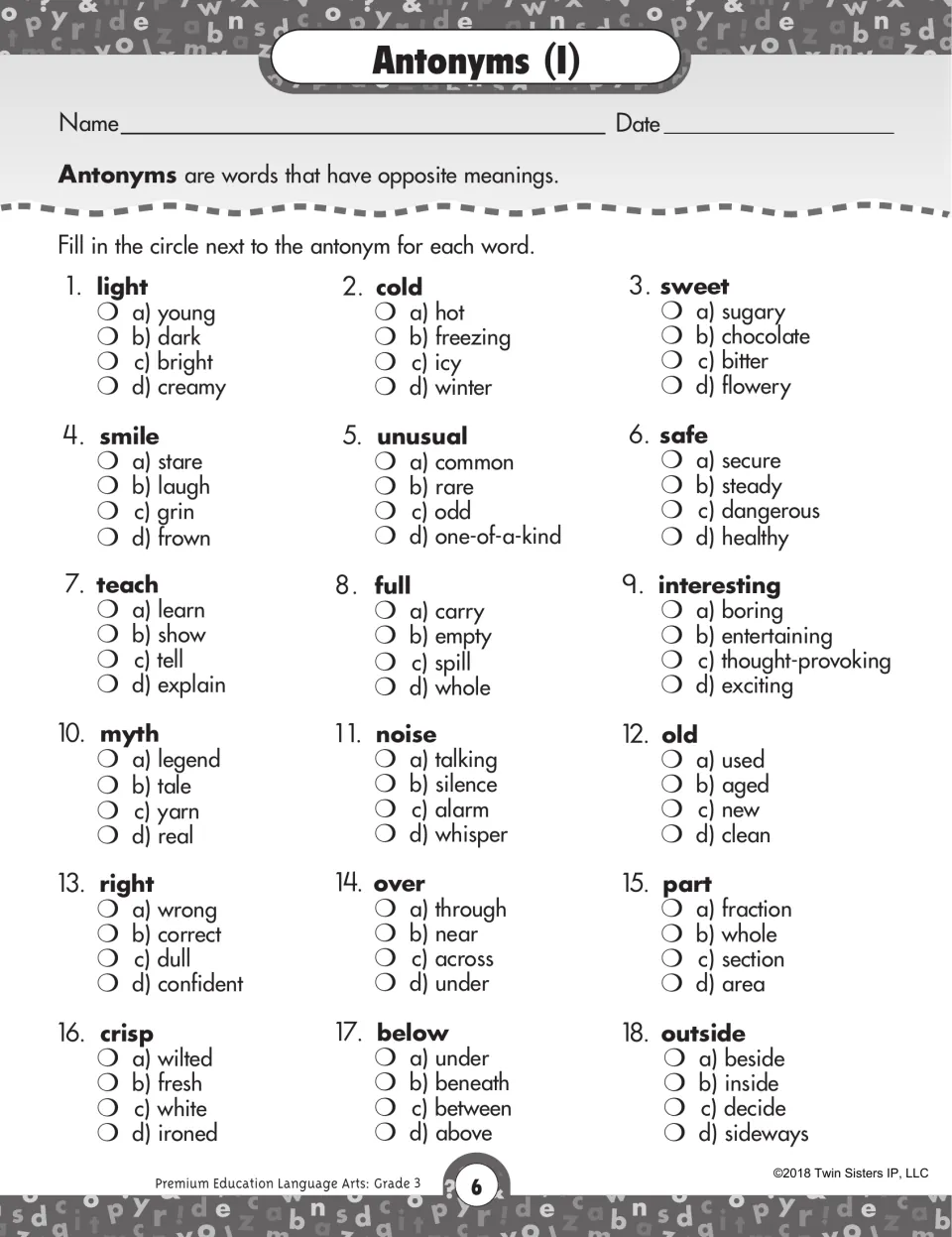 First antonyms worksheet defining opposite meanings and asking students to choose antonyms for 18 words
