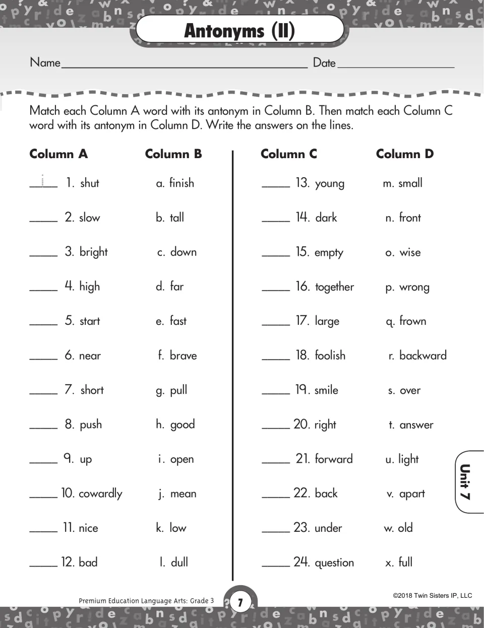 Second antonyms worksheet asking students to match 24 words with opposites, with shut and open as an example