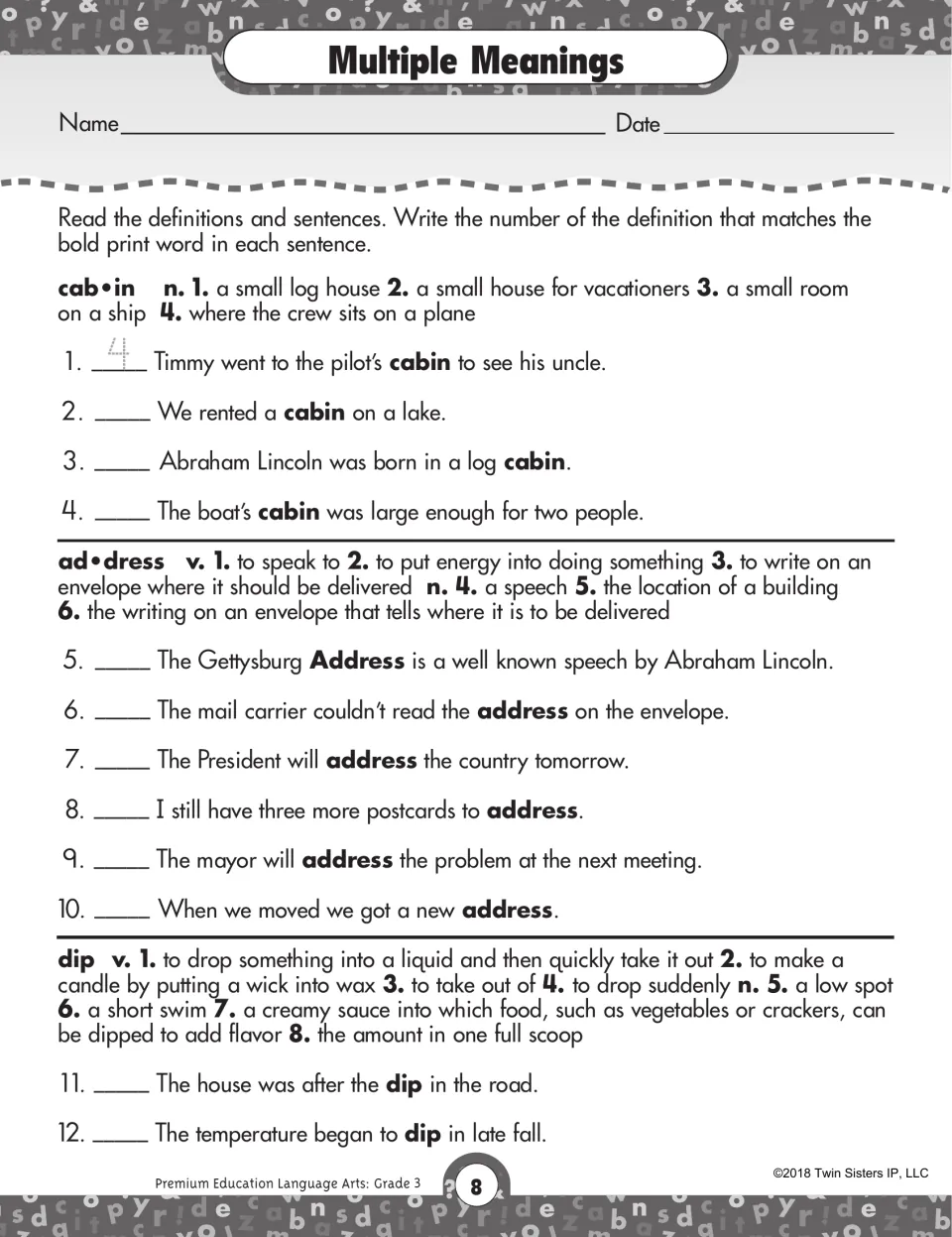Multiple meanings worksheet asking students to match definitions of cabin, address, and dip to 12 sentences